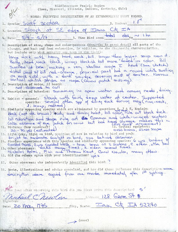 Rare bird documentation form for a Surf Scoter at Iowa City in Johnson County, IA on May 9 and May 17, 1975.