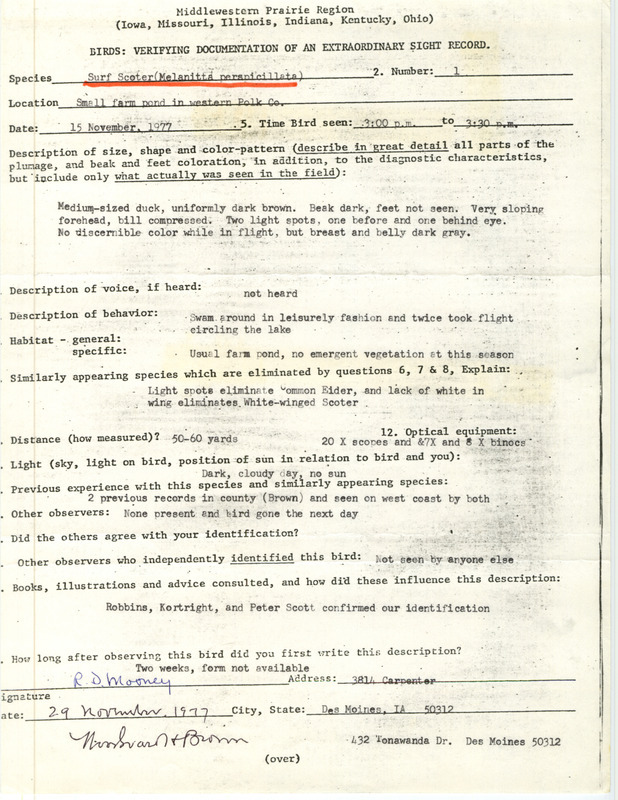 Rare bird documentation form for a Surf Scoter in western Polk County, IA on November 15, 1977.