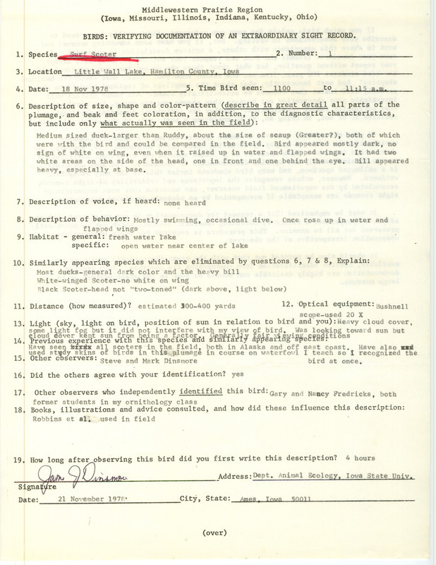 Rare bird documentation form for a Surf Scoter at Little Wall Lake in Hamilton County, IA on November 18, 1978.