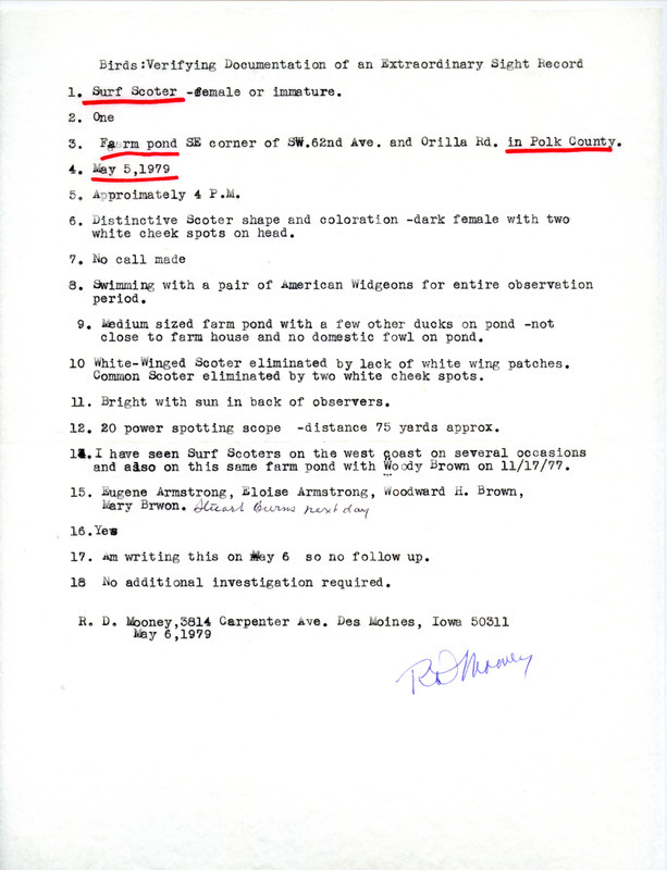 Rare bird documentation form for a Surf Scoter in Polk County, IA on May 5, 1979.