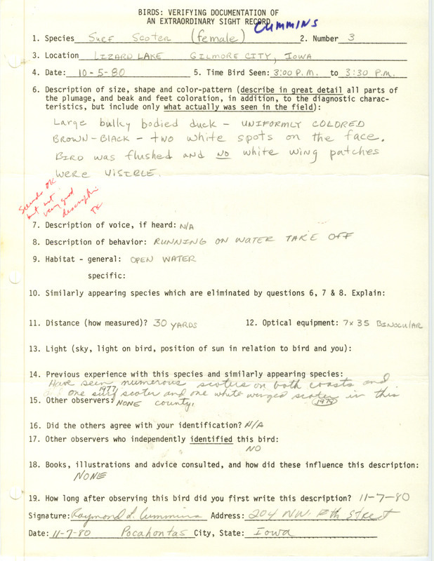 Rare bird documentation form for three Surf Scoters at Lizard Lake in Gilmore City in Pocahontas County, IA on October 5, 1980.