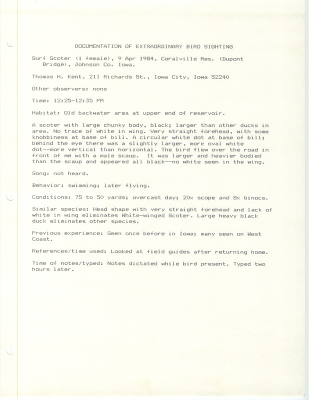 Rare bird documentation form for a Surf Scoter at Coralville Reservoir in Johnson County, IA on April 9, 1984.