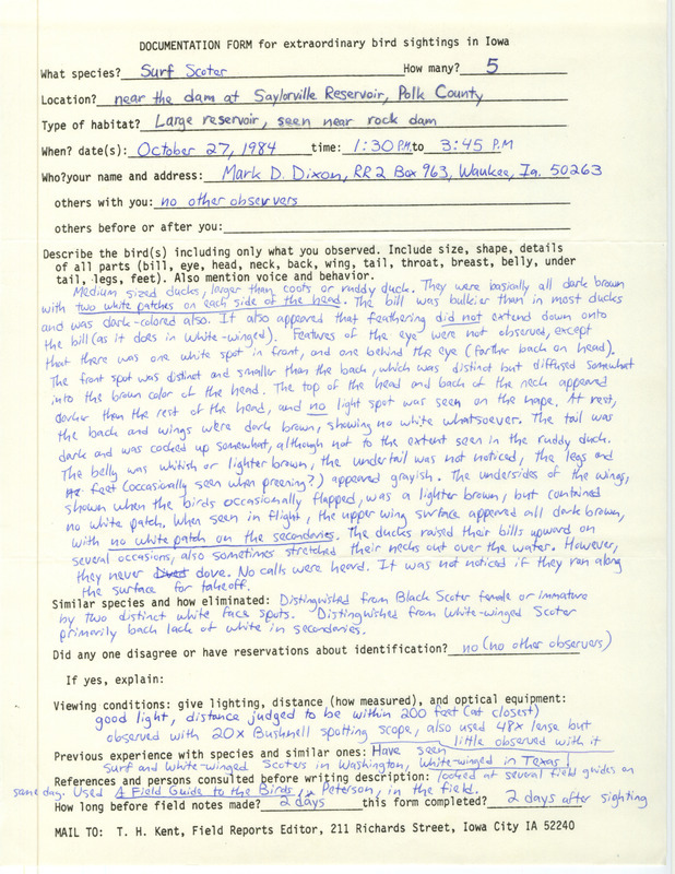 Rare bird documentation form for five Surf Scoters at Saylorville Reservoir in Polk County, IA on October 27, 1984.