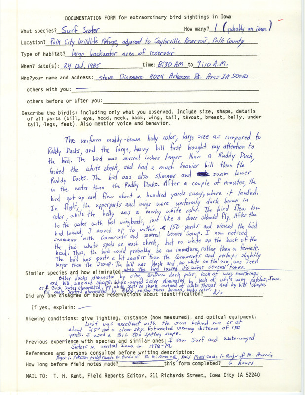 Rare bird documentation form for a Surf Scoter at Saylorville Reservoir in Polk County, IA on October 24, 1985.