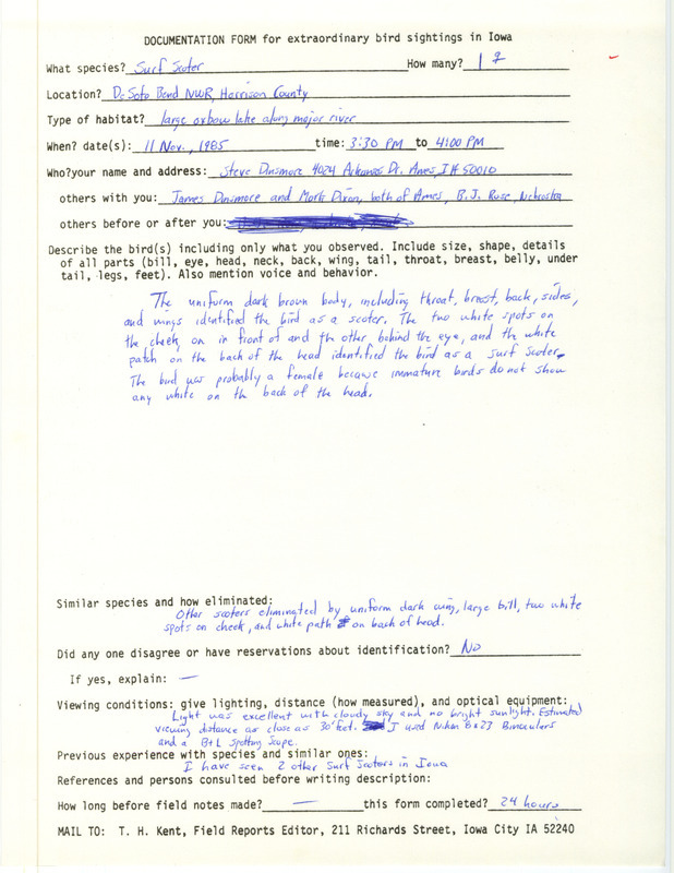 Rare bird documentation form for a Surf Scoter at DeSoto Bend National Wildlife Refuge in Harrison County, IA on November 11, 1985.