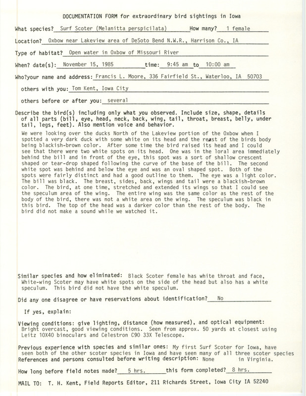 Rare bird documentation form for a Surf Scoter at DeSoto Bend National Wildlife Refuge in Harrison County, IA on November 15, 1985.