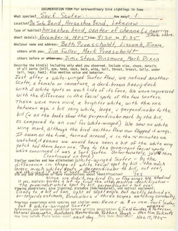 Rare bird documentation form for a Surf Scoter at DeSoto Bend National Wildlife Refuge in Harrison County, IA on November 16, 1985.