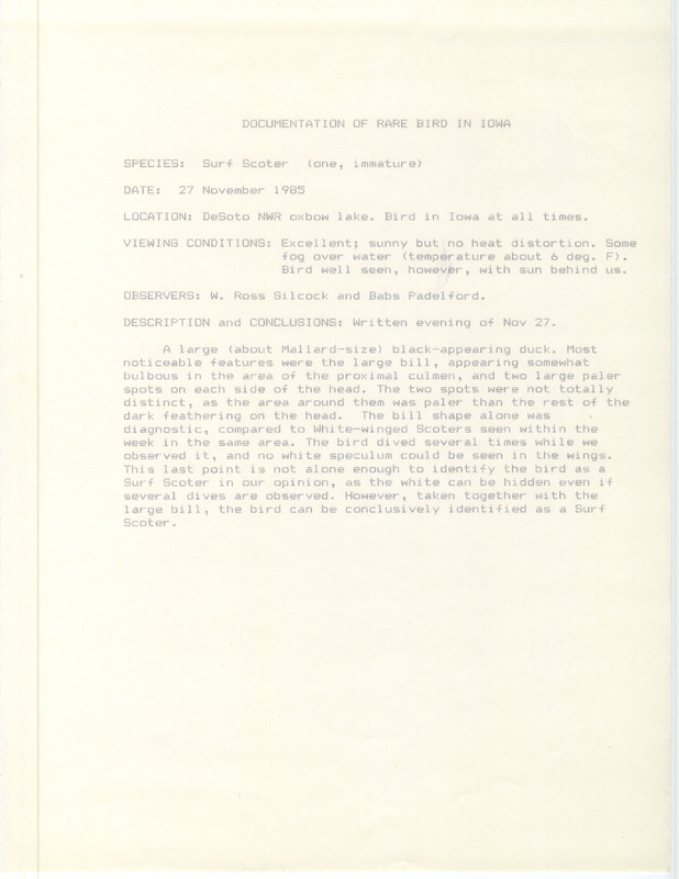 Rare bird documentation form for a Surf Scoter at DeSoto National Wildlife Refuge in Harrison County, IA on November 27, 1985.