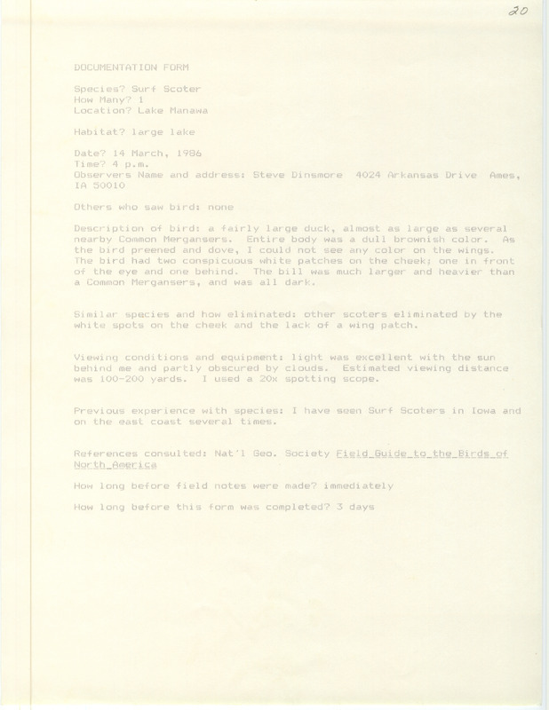 Rare bird documentation form for a Surf Scoter at Lake Manawa in Pottawattamie County, IA on March 14, 1986.