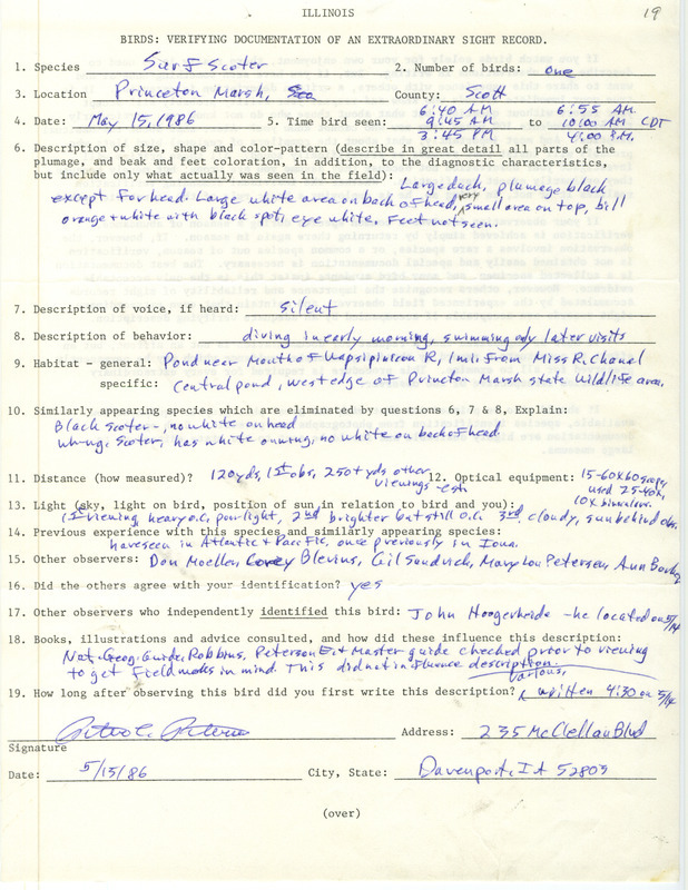 Rare bird documentation form for a Surf Scoter at Princeton March in Scott County, IA on May 15, 1986.