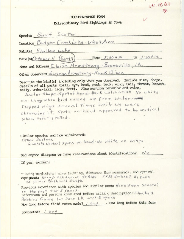 Rare bird documentation form for a Surf Scoter at Badger Creek Lake in Madison County, IA on October 11, 1986.