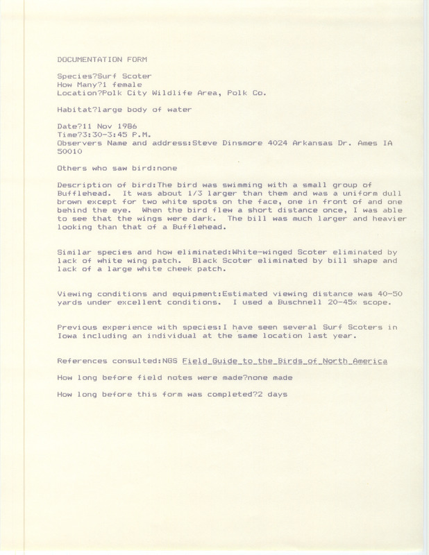 Rare bird documentation form for a Surf Scoter at Polk City Wildlife Area in Polk County, IA on November 11, 1986.