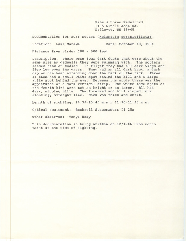 Rare bird documentation form for four Surf Scoters at Lake Manawa in Pottawattamie County, IA on October 19, 1986.