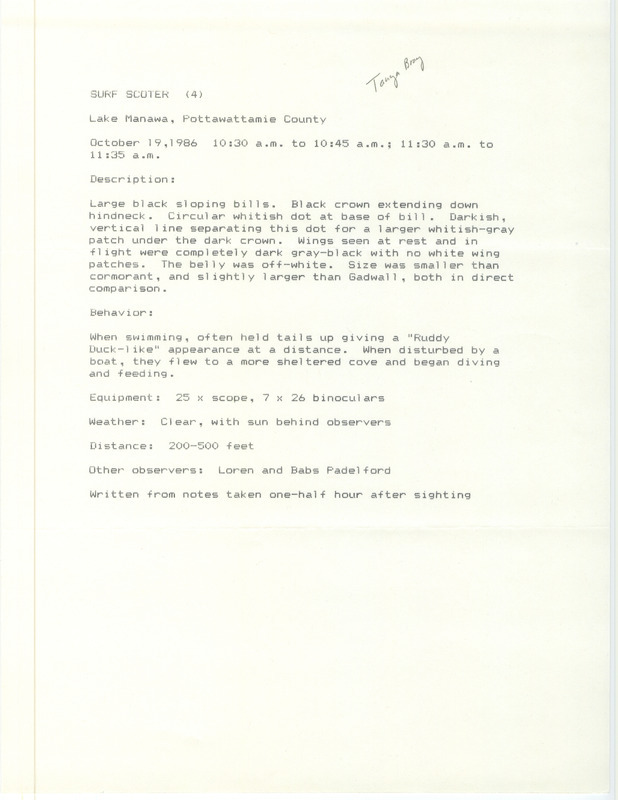 Rare bird documentation form for four Surf Scoters at Lake Manawa in Pottawattamie County, IA on October 19, 1986.