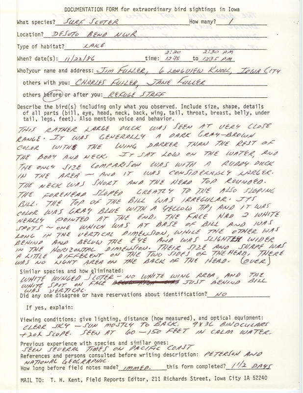 Rare bird documentation form for a Surf Scoter at DeSoto Bend National Wildlife Refuge in Harrison County, IA on November 22, 1986.