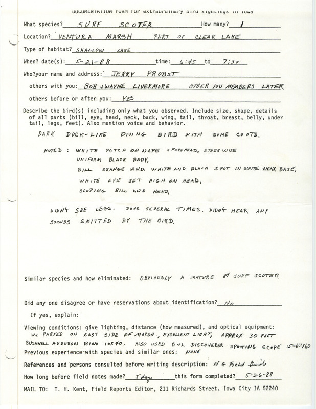 Rare bird documentation form for a Surf Scoter at Ventura March in Cerro Gordo County, IA on May 21, 1988.