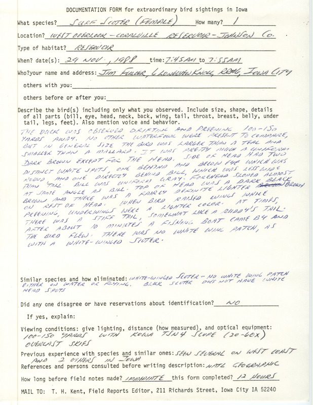 Rare bird documentation form for a Surf Scoter at West Overlook at Coralville Reservoir in Johnson County, IA on November 29, 1988.