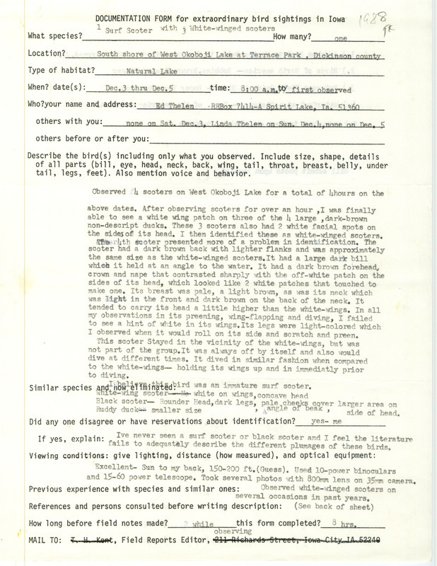 Rare bird documentation form for a Surf Scoter at West Okoboji Lake in Dickinson County, IA on December 3-5, 1988.