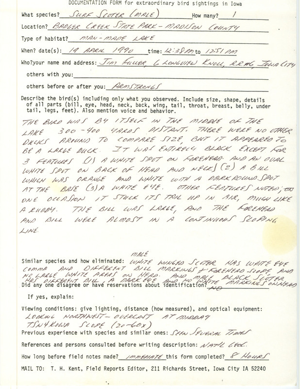 Rare bird documentation form for a Surf Scoter at Badger Creek State Park in Madison County, IA on April 19, 1990.