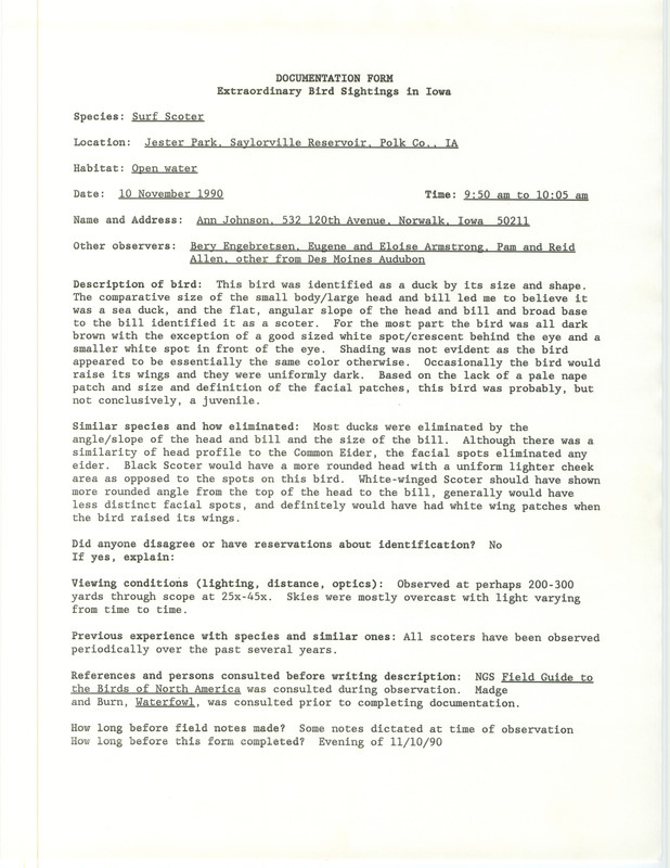 Rare bird documentation form for a Surf Scoter at Jester Park in Saylorville Reservoir in Polk County, IA on November 10, 1990.