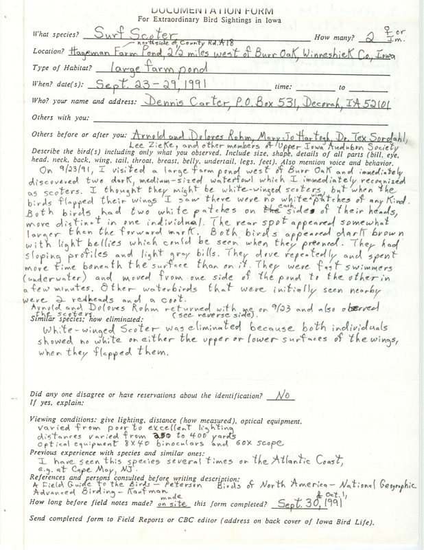 Rare bird documentation form for two Surf Scoters west of Burr Oak in Winneshiek County, IA on September 23, 1991.