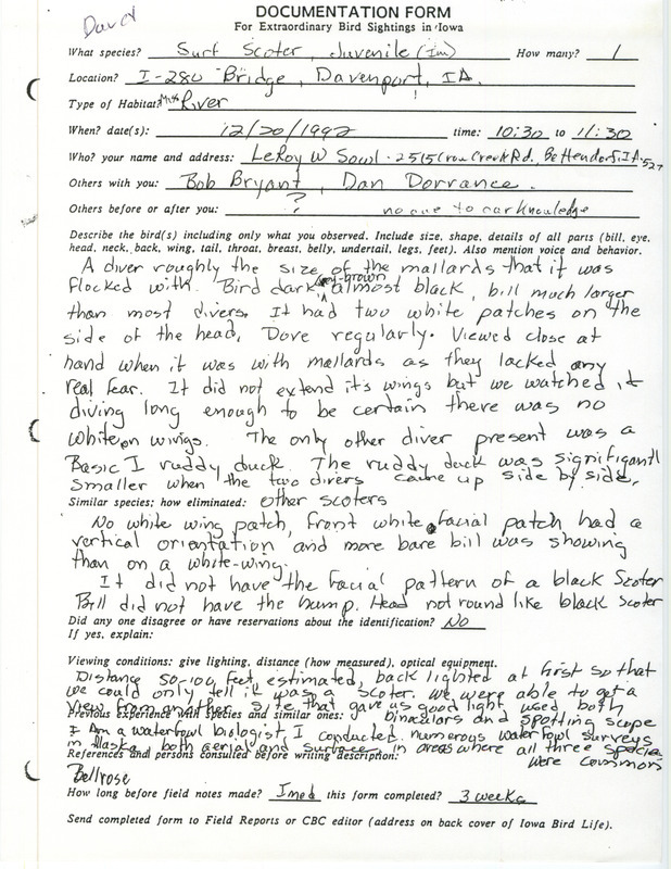 Rare bird documentation form for a Surf Scoter at Davenport in Scott County, IA on December 20, 1992.