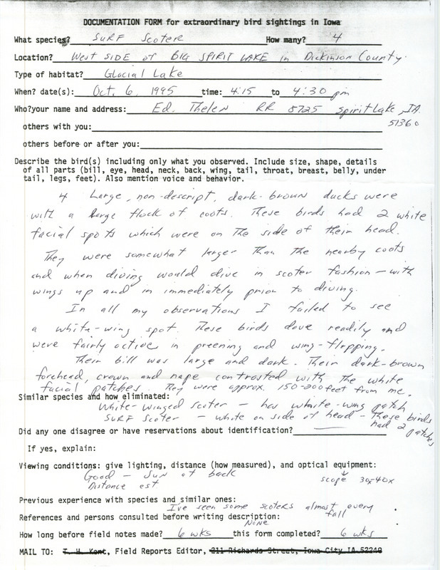 Rare bird documentation form for four Surf Scoters at Big Spirit Lake in Dickinson County, IA on October 6, 1995.