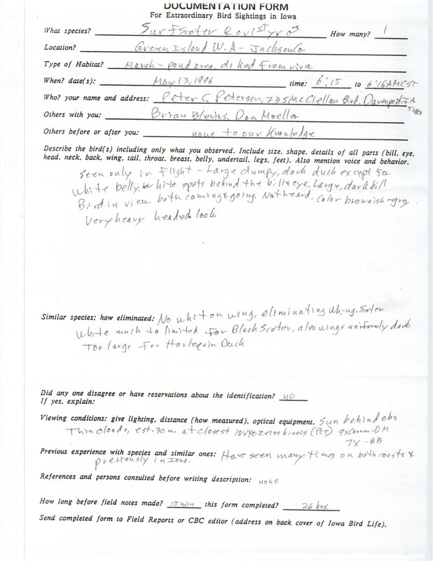 Rare bird documentation form for a Surf Scoter at Green Island Wildlife Area in Jackson County, IA on May 13, 1996.