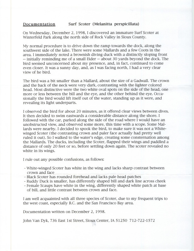 Rare bird documentation form for a Surf Scoter at Winterfeld Park in Sioux County, IA on December 2, 1998.