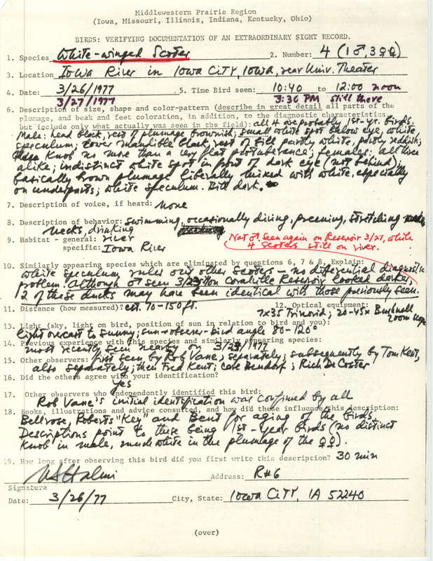 Rare bird documentation form for four White-winged Scoters near the University Theater in Iowa City in Johnson County, IA on March 26 and 27, 1977.