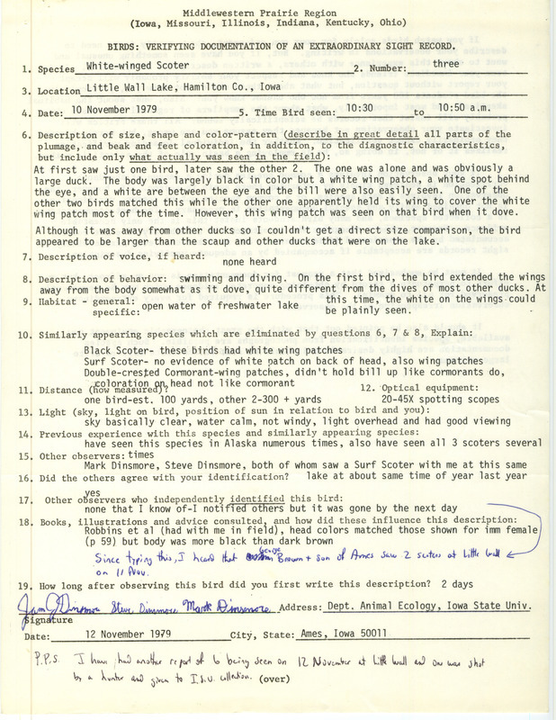 Rare bird documentation form for three White-winged Scoters at Little Wall lake in Hamilton County, IA on November 10, 1979.