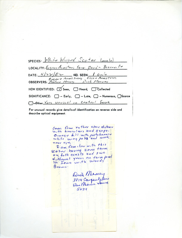 Rare bird documentation form for a White-winged Scoter at Booneville in Dallas County, IA on April 22, 1982.