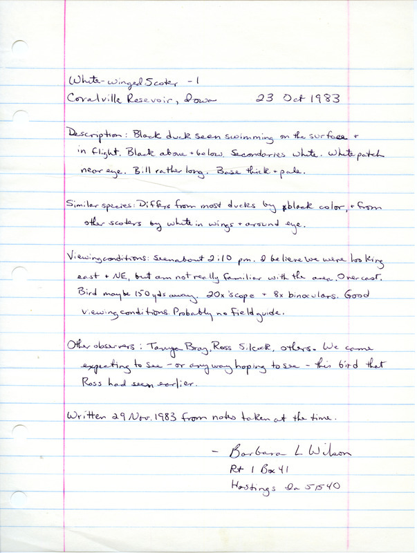 Rare bird documentation form for a White-winged Scoter at Coralville Reservoir in Johnson County, IA on October 23, 1983.