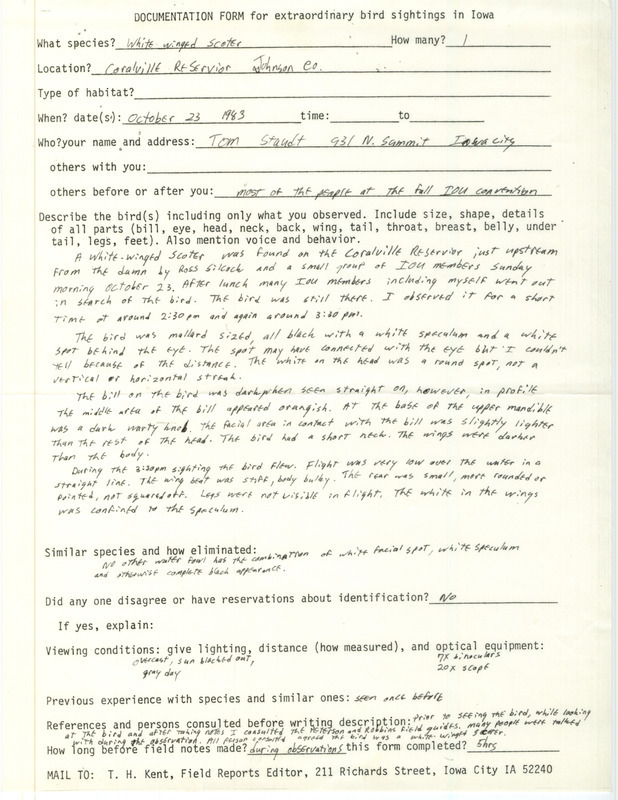 Rare bird documentation form for a White-winged Scoter at Coralville Reservoir in Johnson County, IA on October 23, 1983.