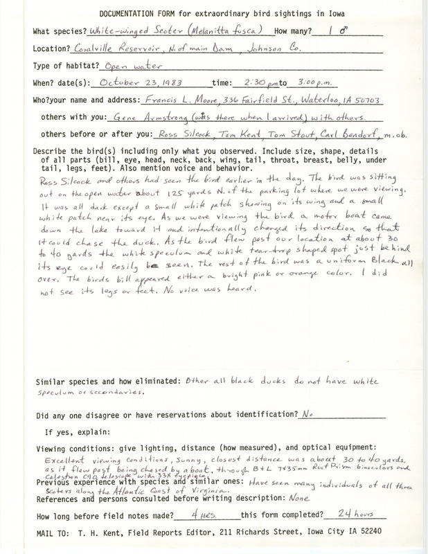 Rare bird documentation form for a White-winged Scoter north of the dam at Coralville Reservoir in Johnson County, IA on October 23, 1983.