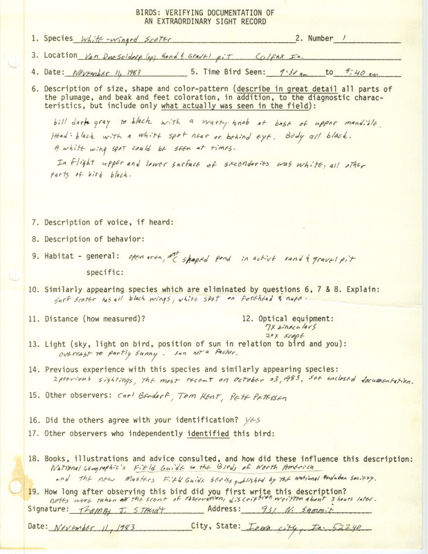 Rare bird documentation form for a White-winged Scoter at the Van Dusseldorp Sand and Gravel Pit in Colfax in Jasper County, IA on November 11, 1983.