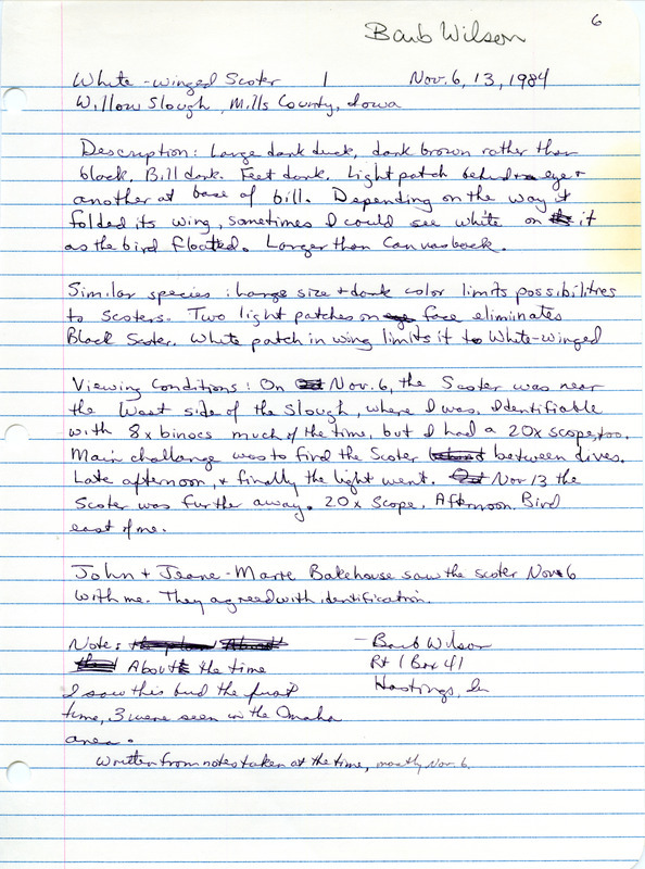 Rare bird documentation form for a White-winged Scoter at Willow Slough in Mills County, IA on November 6 and 13, 1984.