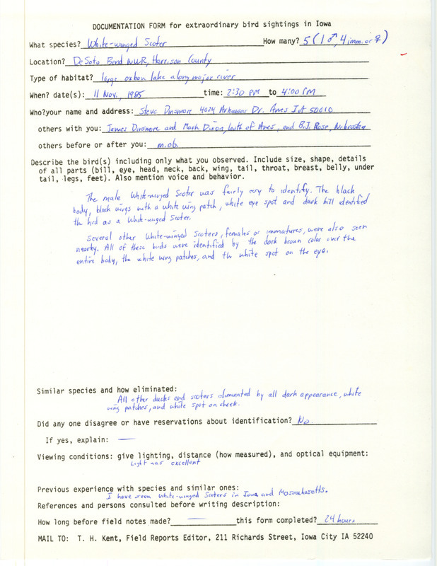 Rare bird documentation form for five White-winged Scoters at DeSoto Bend National Wildlife Refuge in Harrison County, IA on November 11, 1985.