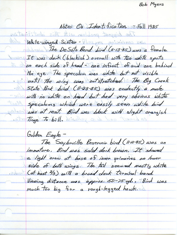 List of birds contributed by Robert K. Meyers. Highlights include the sighting of a White-winged Scoter at DeSoto National Wildlife Refuge on November 13, 1985 and a second sighting at Big Creek State Park on November 23, 1985.