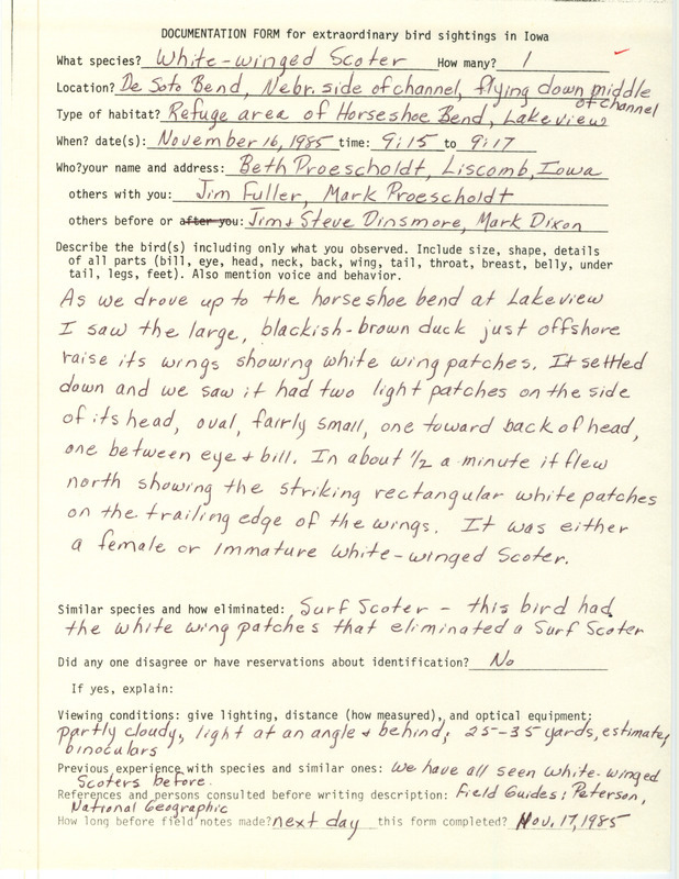 Rare bird documentation form for a White-winged Scoter at DeSoto Bend in Harrison County, IA on November 16, 1985.