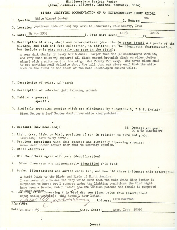 Rare bird documentation form for a White-winged Scoter at Saylorville Reservoir in Polk County, IA on November 24, 1985.