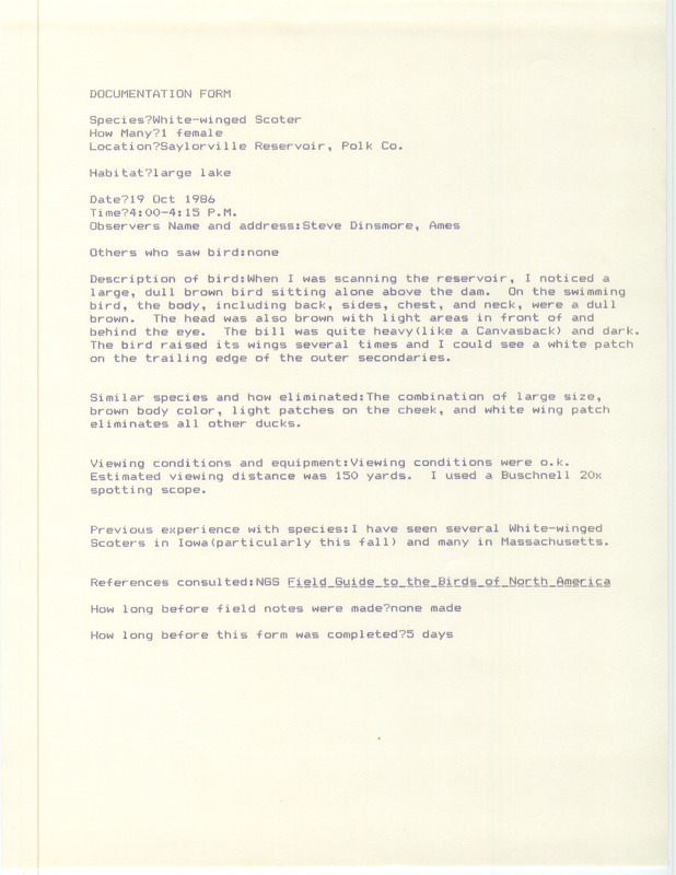 Rare bird documentation form for a White-winged Scoter at Saylorville Reservoir in Polk County, IA on October 19, 1986.