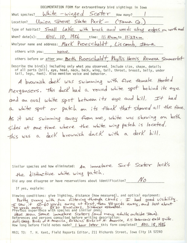 Rare bird documentation form for a White-winged Scoter at Union Grove State Park in Tama County, IA on November 10, 1986.