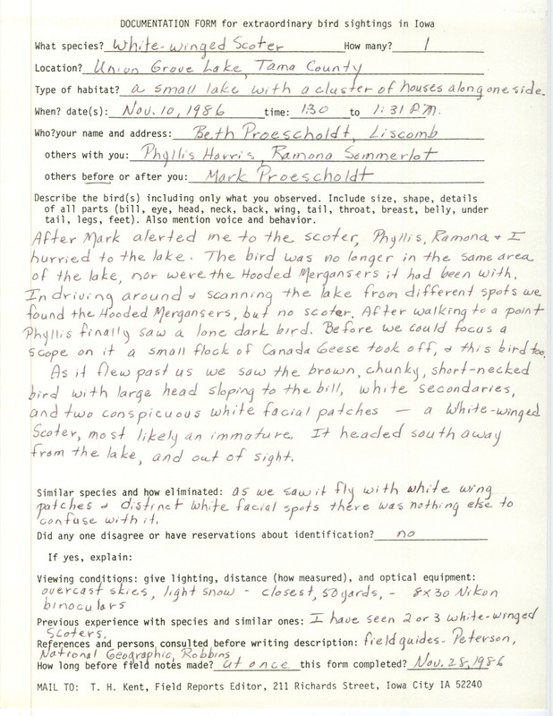 Rare bird documentation form for a White-winged Scoter at Union Grove Lake in Tama County, IA on November 10, 1986.