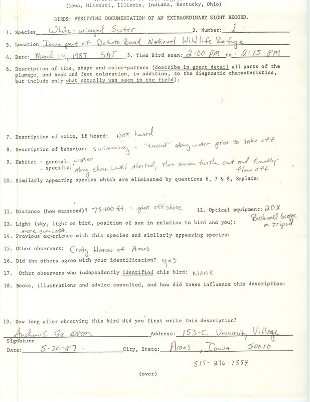 Rare bird documentation form with additional notes for a White-winged Scoter at DeSoto Bend National Wildlife Refuge in Harrison County, IA on March 14, 1987.