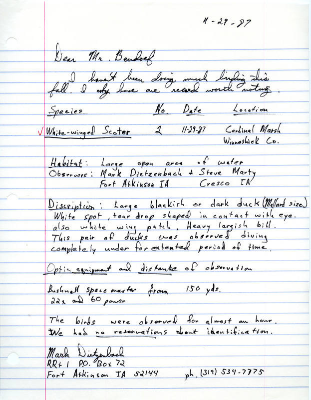 Rare bird documentation form for two White-winged Scoters at Cardinal March in Winneshiek County, IA on November 29, 1987.