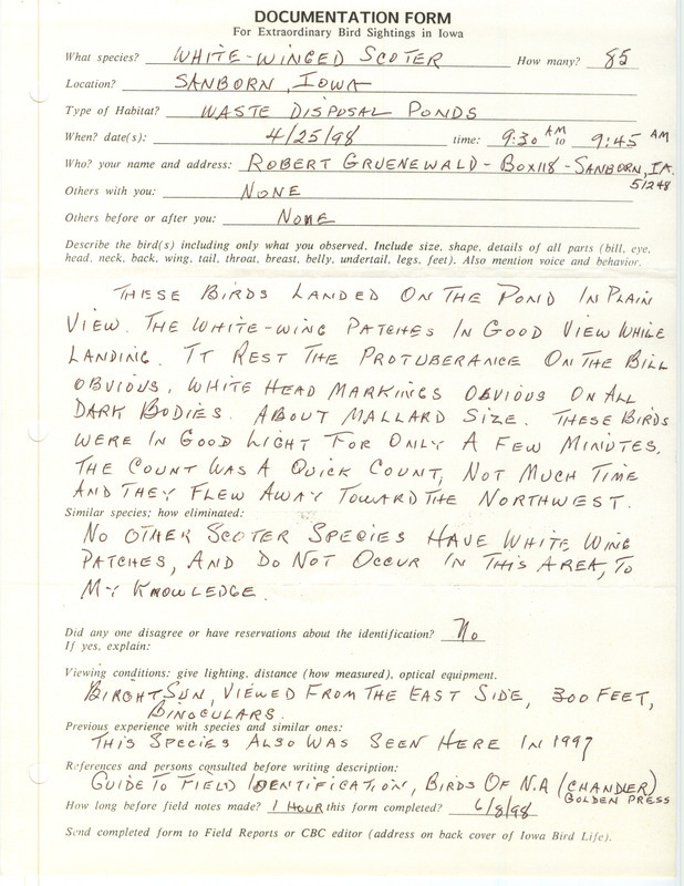 Rare bird documentation form for eighty-five White-winged Scoters at Sanborn in O'Brien County, IA on April 25, 1998.