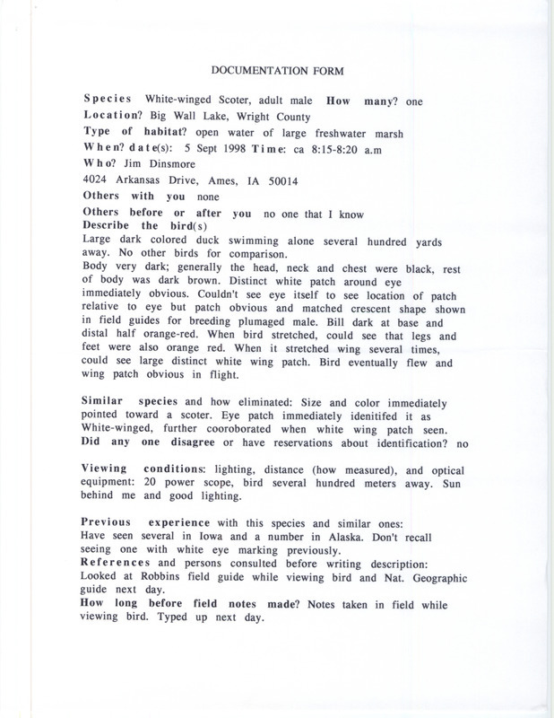 Rare bird documentation form for a White-winged Scoter at Big Wall Lake in Wright County, IA on September 5, 1998.