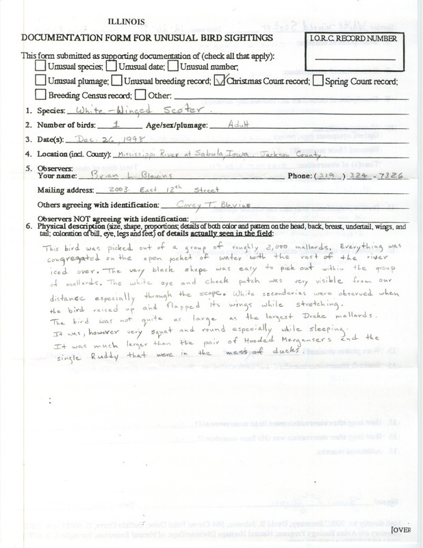 Rare bird documentation form for a White-winged Scoter at Sabula in Jackson County, IA on December 26, 1998.