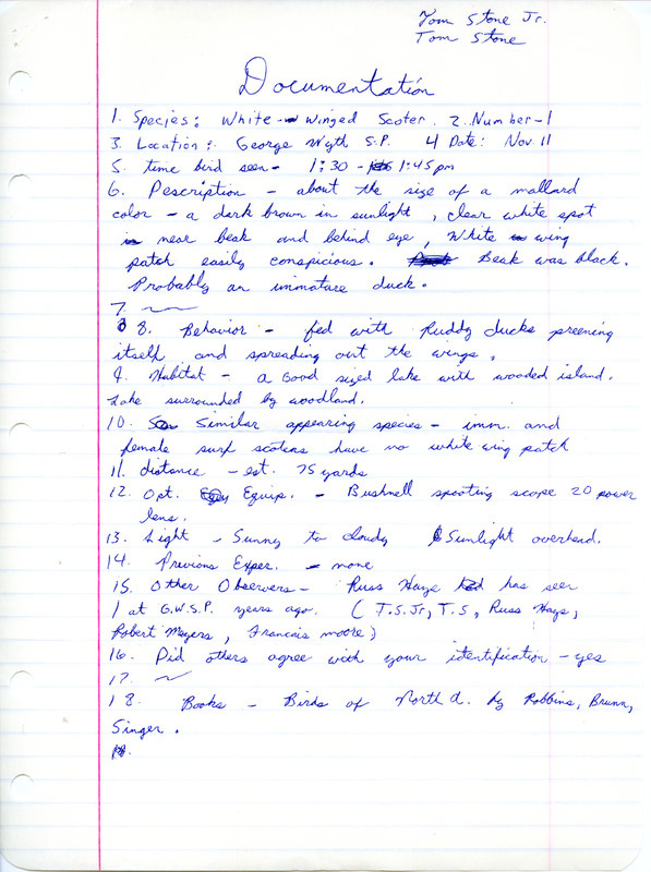 Rare bird documentation form for a White-winged Scoter at George Wyth State Park in Black Hawk County, IA on November 11 in an unknown year.